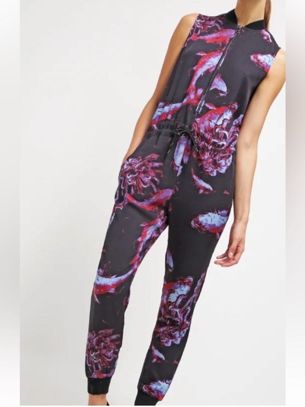 Diesel Graphic Print Sleeveless Jumpsuit Zip Front Jogger M Black